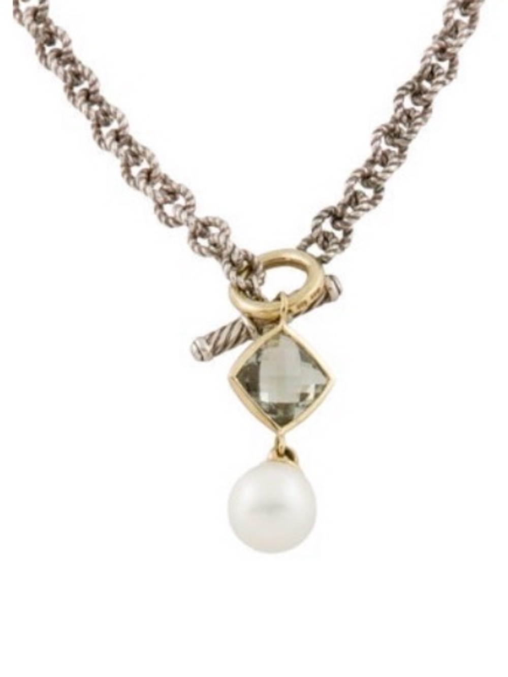 David Yurman set 18k / Ss toggle Elegant Pearl Drop Necklace prasiolite earrings - Picture 2 of 11